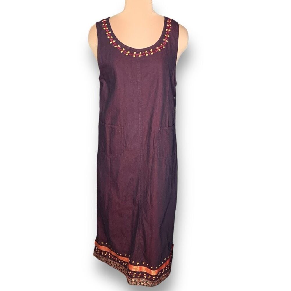 Vintage 90s Asare Collection Dress Burgundy Embroidered Scoopneck Maxi